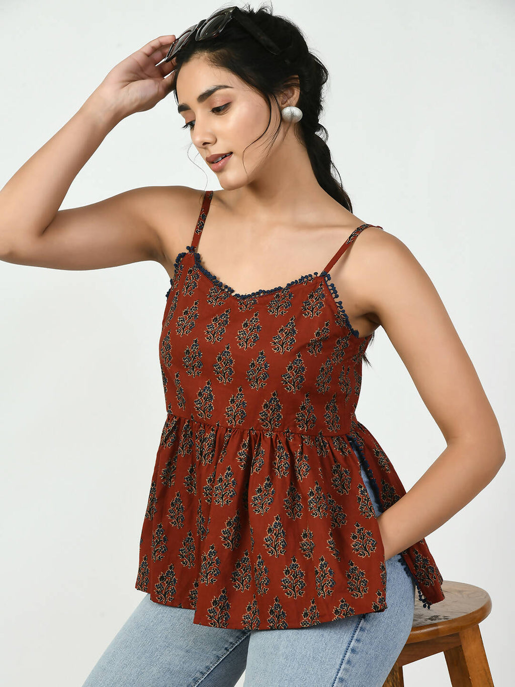 Myshka Women's Rust Ethnic Motifs Printed Top | Grocsy