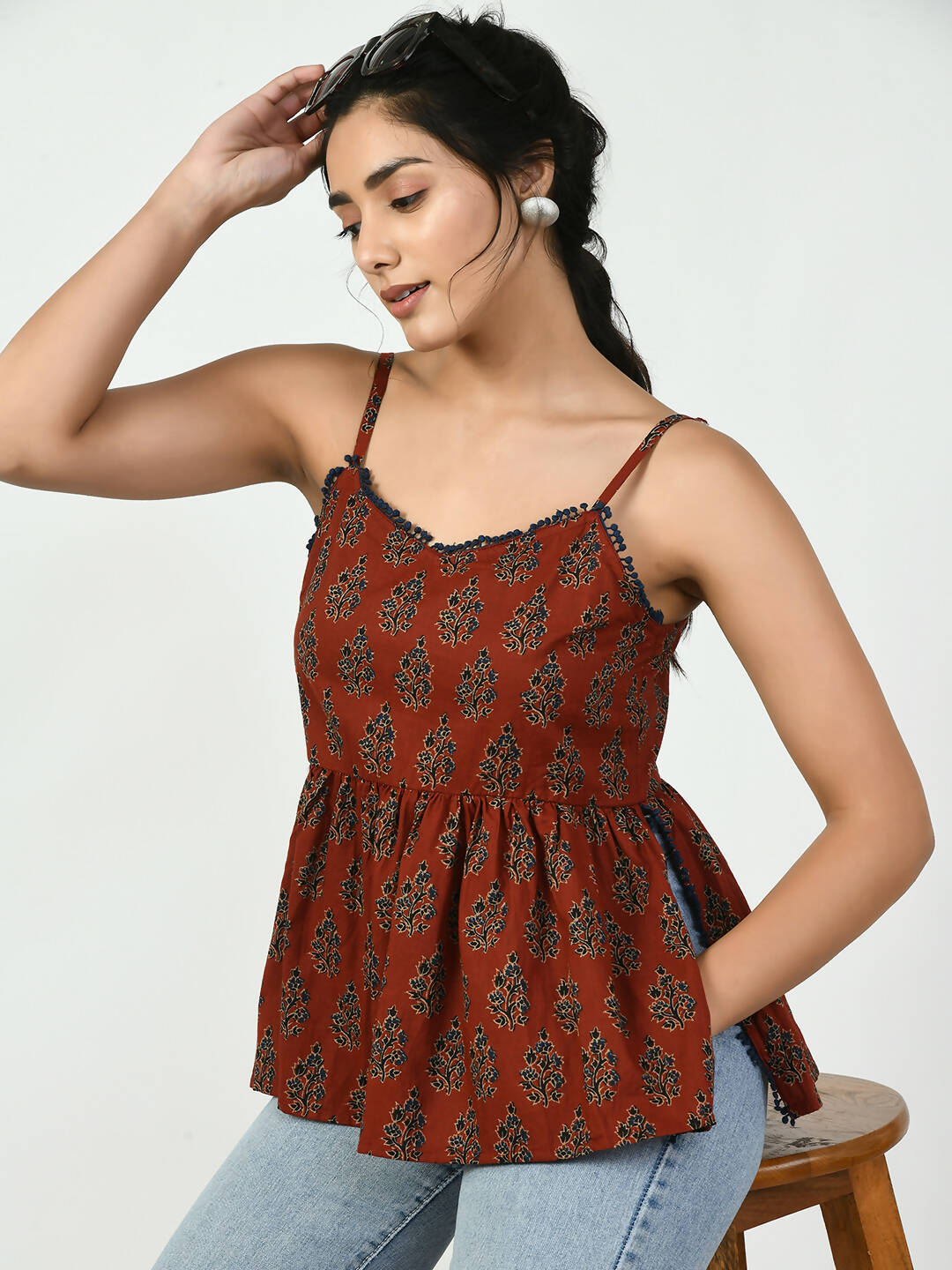 Myshka Women's Rust Ethnic Motifs Printed Top | Grocsy