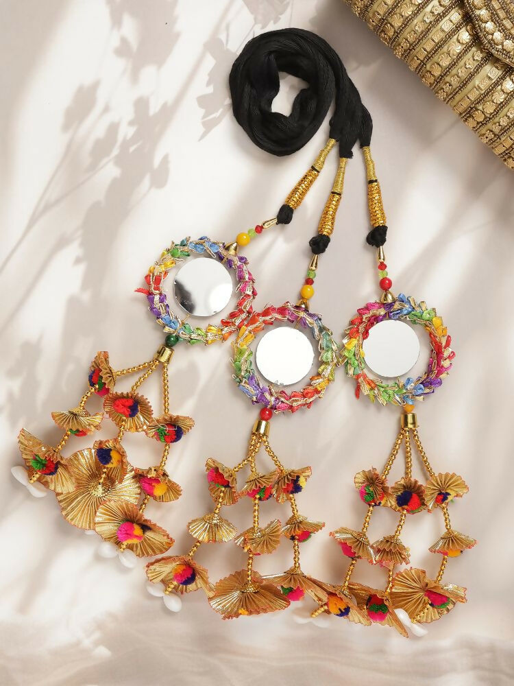 Ruby Raang Gold Gota Pati Work And Colorful Pastel Hues Threads With Shell And Black Thread And Mirror Work | Grocsy