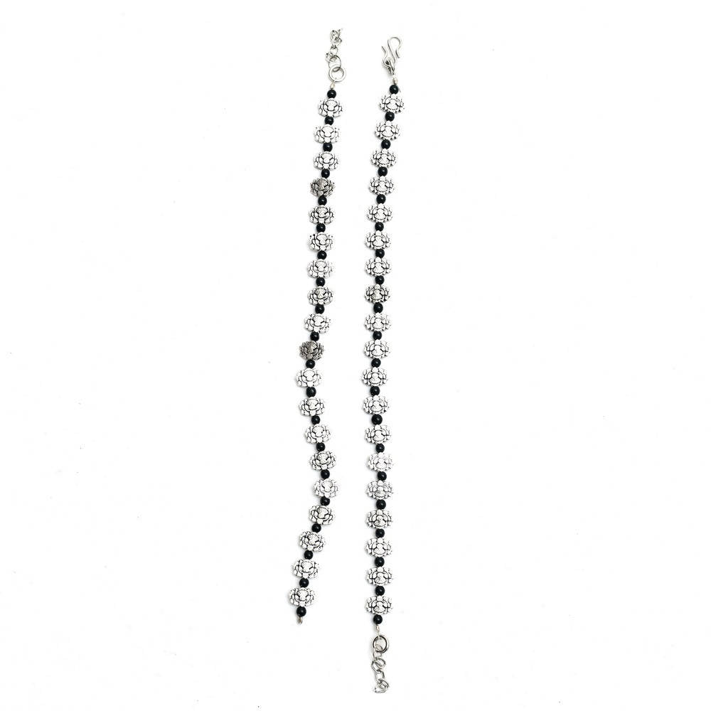 Mominos Fashion Kamal Johar Oxidised Silver Black Beads Anklets | Grocsy