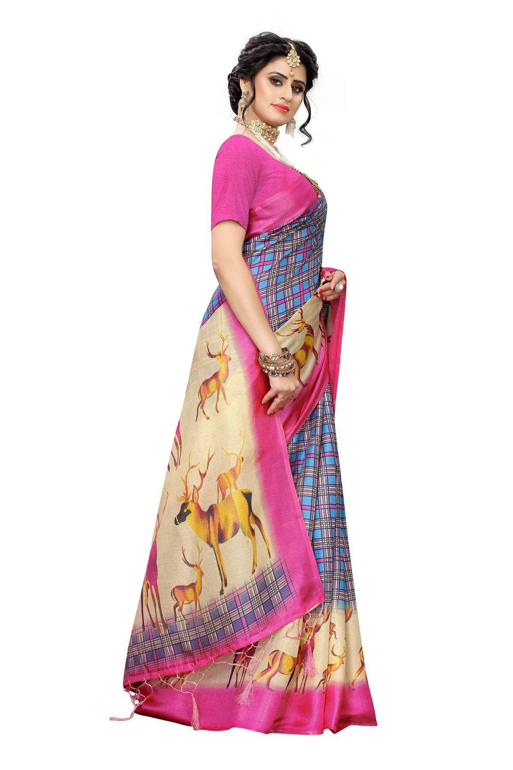 Vamika Multicolor & Pink Kalamkari With Jhalar Khadi Silk Saree | Grocsy