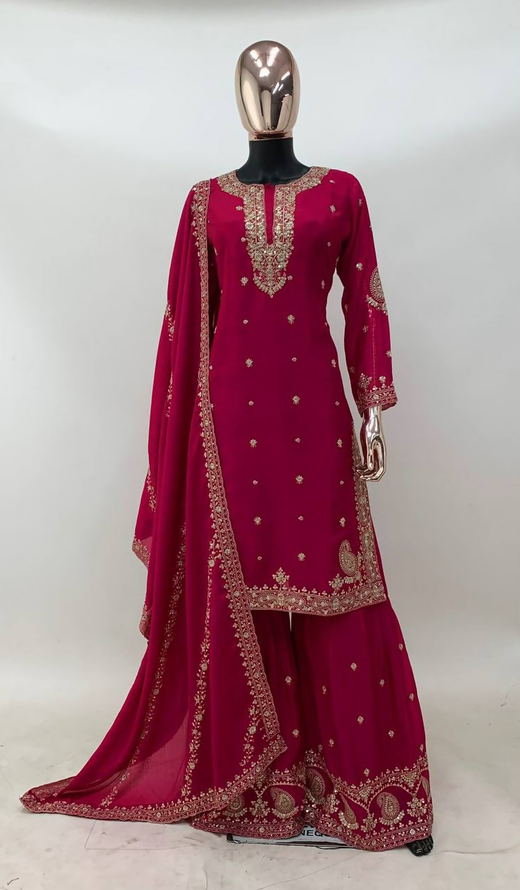 Lorenvalley Fashion Pink Chinon Embroidery With Sequince Work Salwar Kameez Stitched | Grocsy