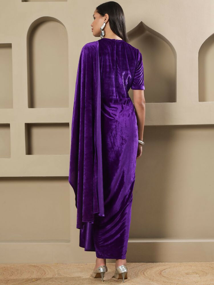 Joban Fashion Women Purple Velvet Hand Embellishment Stitched Dress | Grocsy
