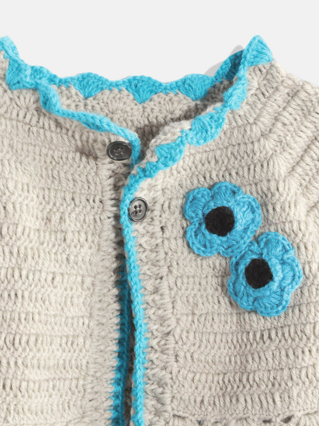 Chutput Kids Woollen Hand Knitted Full Sleeves Cardigan With Short Sleeves Flower Work Dress For Baby Girls - Grey | Grocsy