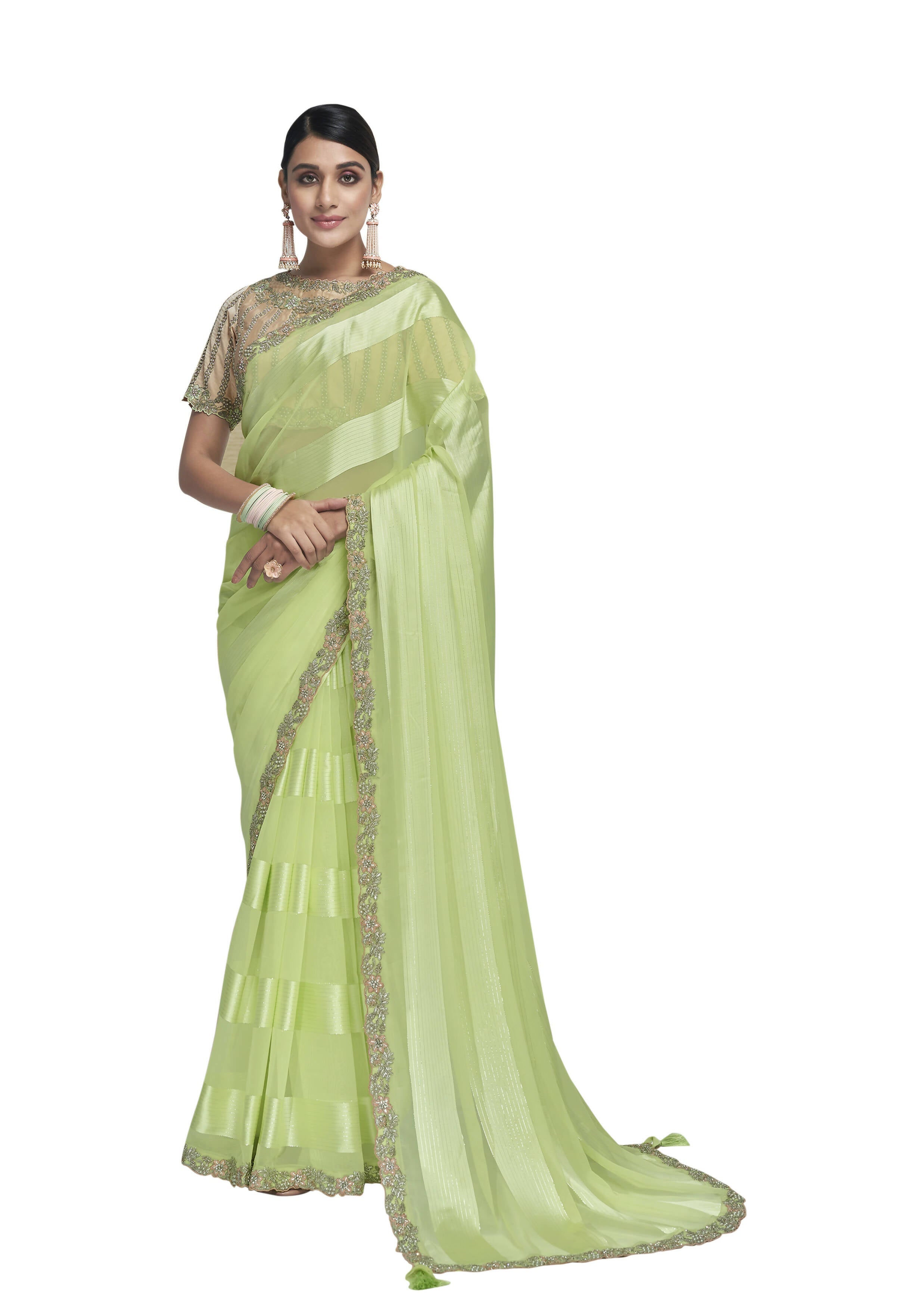 Light Green Georgette Stripe With Embroidery On Border Saree With Blouse Piece - Norita Avyaan | Grocsy