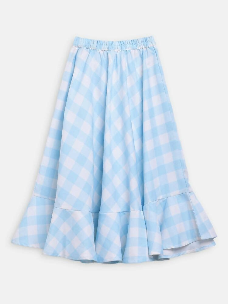 Ahalyaa Sky Blue Rayon Checked Kids Top With Skirts For Girls | Grocsy