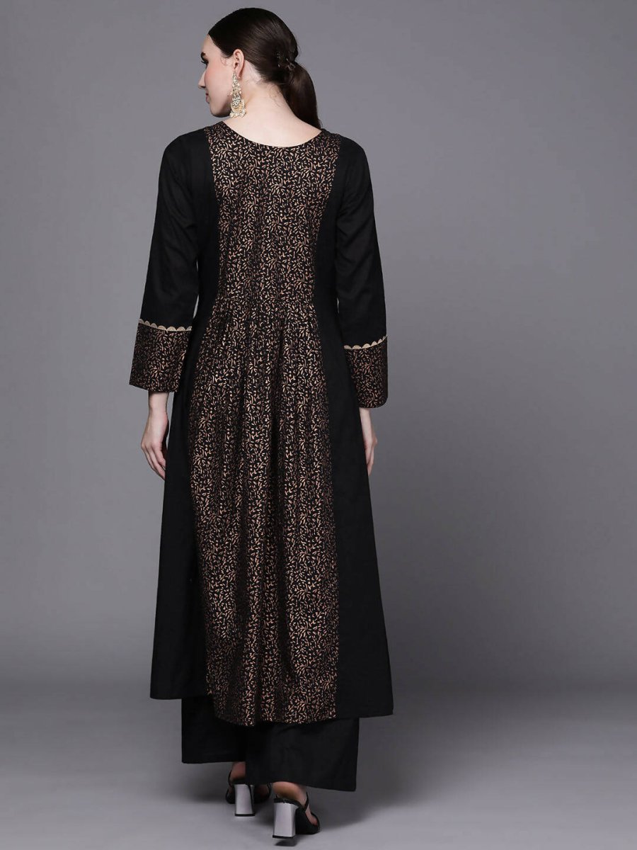Ahalyaa Women Black Floral Printed Pure Cotton Kurta with Palazzos | Grocsy