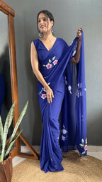 Aayaa Designer 1 min Hand Painted Ready to Wear saree - Navy Blue | Grocsy