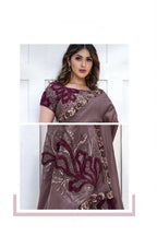 Purple Crepe satin silk Applique work with Cord, Sequence Embroidered & Stone Work Saree - Mohmanthan Majestica | Grocsy