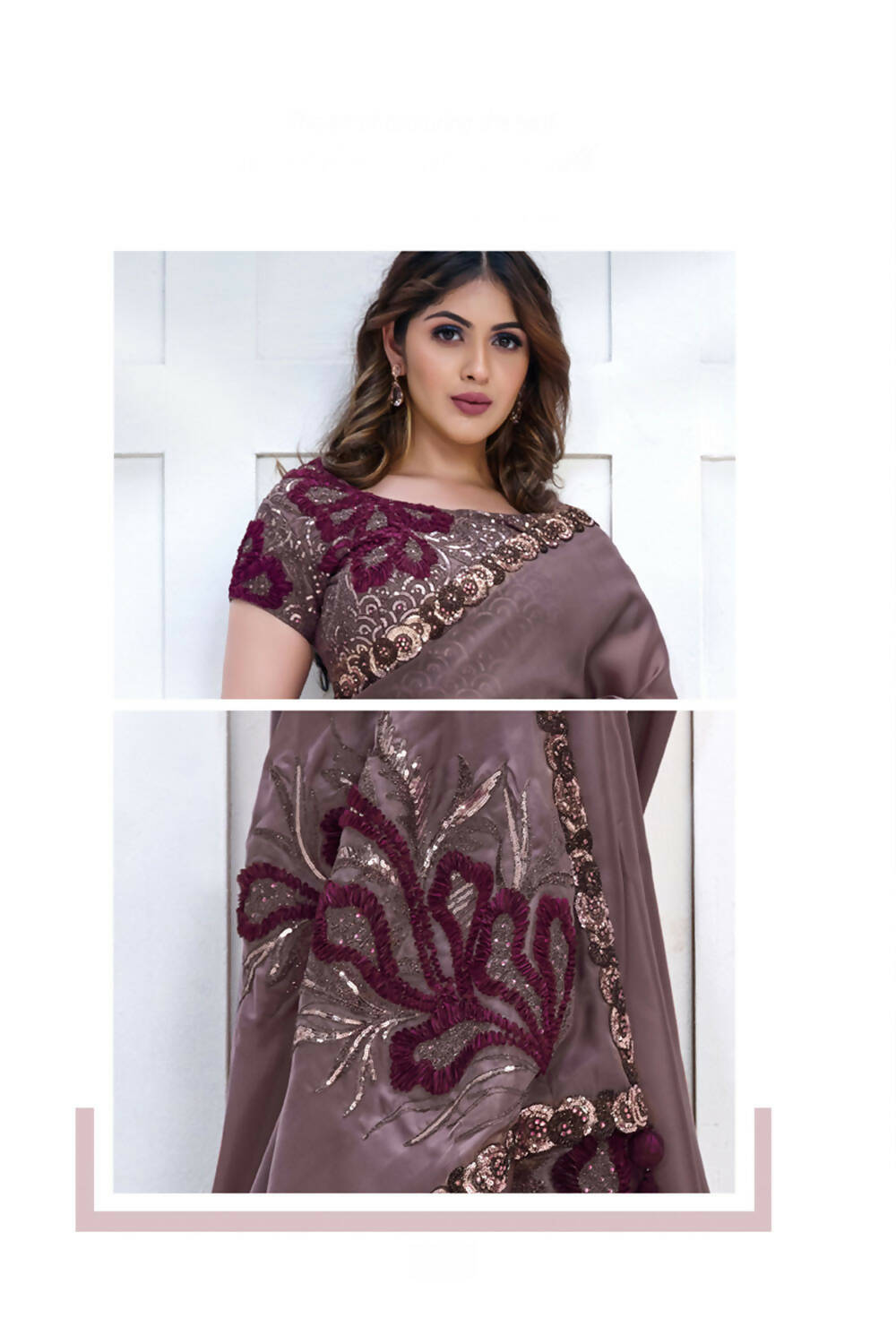 Purple Crepe satin silk Applique work with Cord, Sequence Embroidered & Stone Work Saree - Mohmanthan Majestica | Grocsy