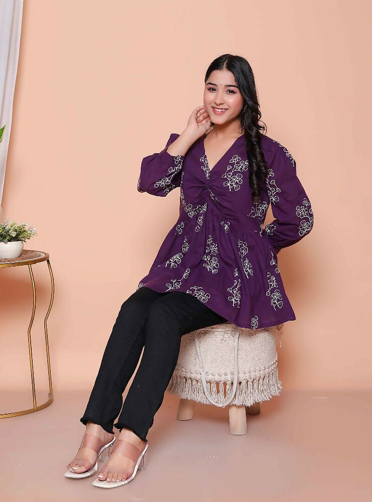 Miravan Womens Cotton Butterfly Style Floral Print V-Neck Top | Grocsy