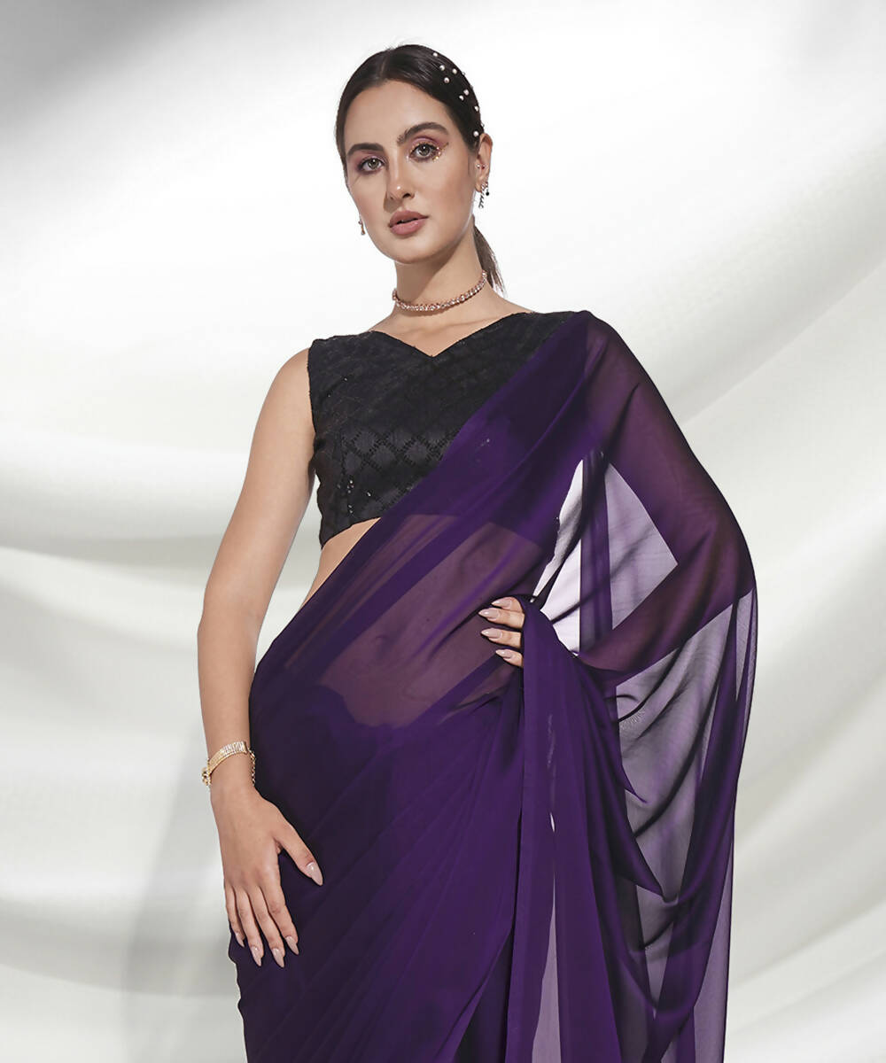 Purple Organza Solid Saree With Unstitched Blouse Piece - Shanaya | Grocsy