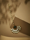 Nuyug 22K Gold-Plated Green Stone & Kundan Studded with Pearl Drop Maang Tikka Head Jewellery | Grocsy