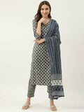 FIORRA Women's Grey Cotton Straight Kurta Pant With Dupatta | Grocsy