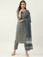 FIORRA Women's Grey Cotton Straight Kurta Pant With Dupatta | Grocsy
