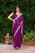 Vastranavya Purple Embroidery Work Shimmer Chiffon Saree with Unstitched Blouse | Grocsy