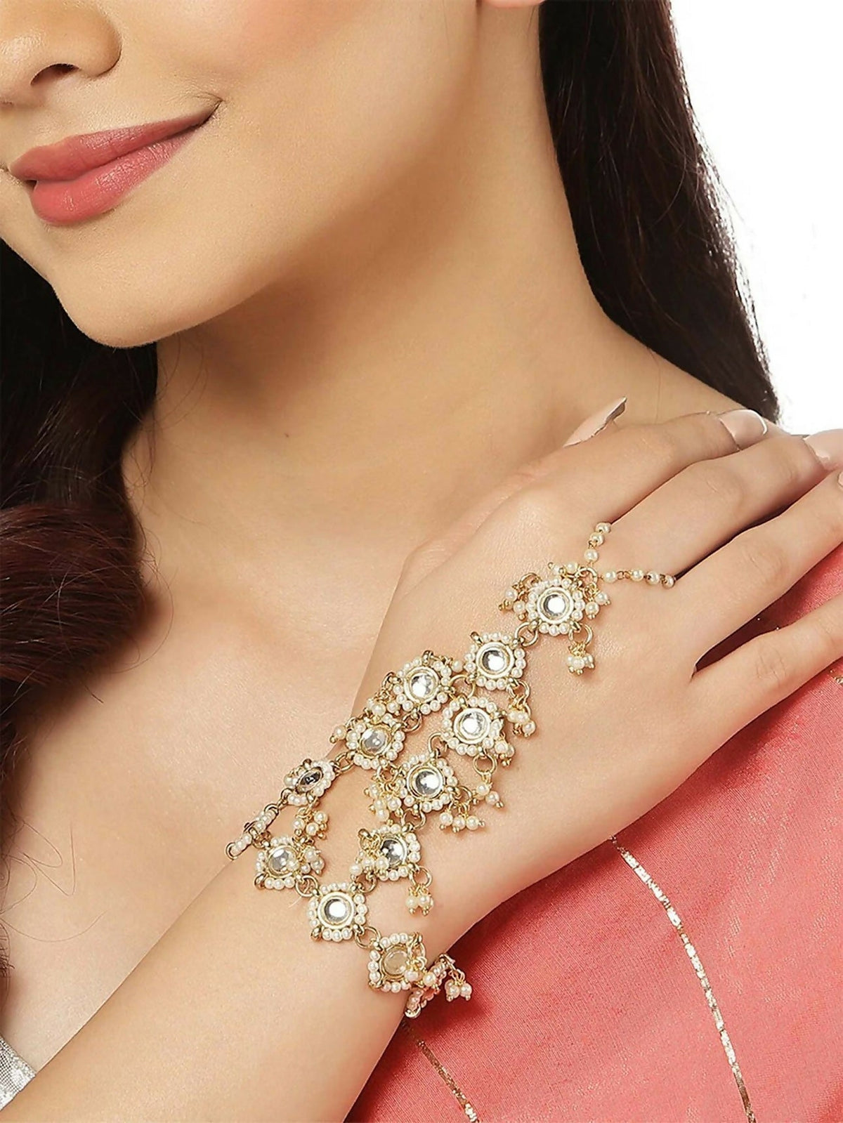 Joban Fashion Pink Kundan Gold Polished Hathphool