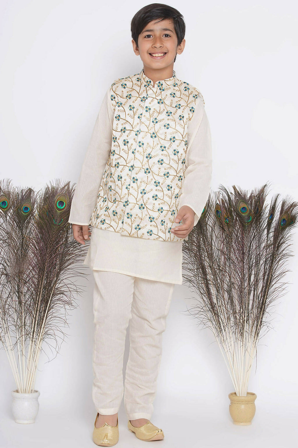 Little Bansi Banarsi Silk Blue Floral Embroidery Jacket with Cotton Kantha kurta and Kantha Pyjama - Cream | Grocsy