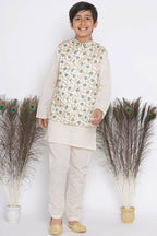 Little Bansi Banarsi Silk Blue Floral Embroidery Jacket with Cotton Kantha kurta and Kantha Pyjama - Cream | Grocsy