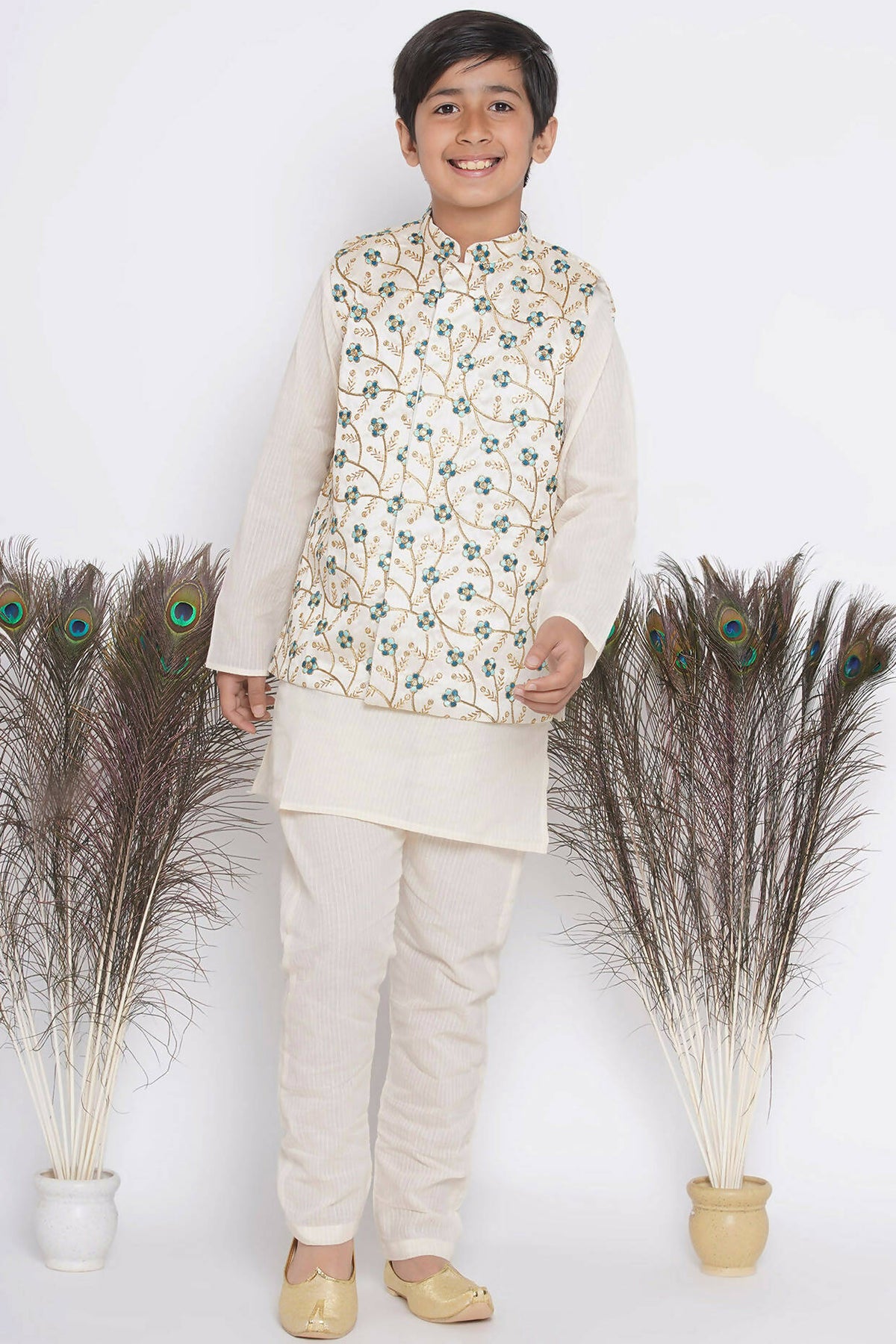 Little Bansi Banarsi Silk Blue Floral Embroidery Jacket with Cotton Kantha kurta and Kantha Pyjama - Cream | Grocsy