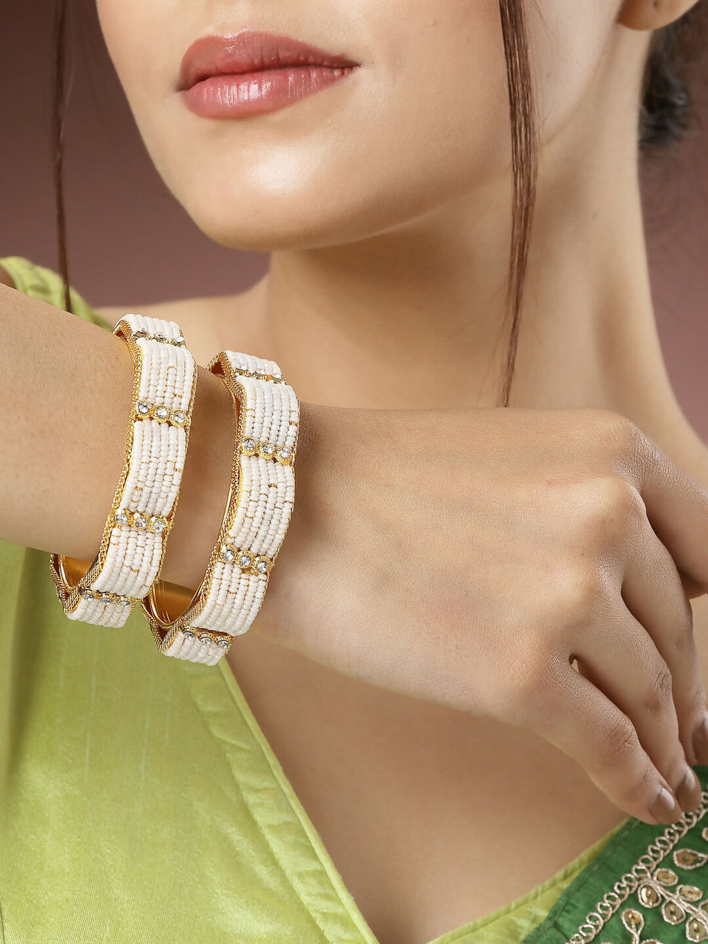 NVR Women's Set of 2 Gold-Polished Pearl Handcrafted Traditional Bangles
