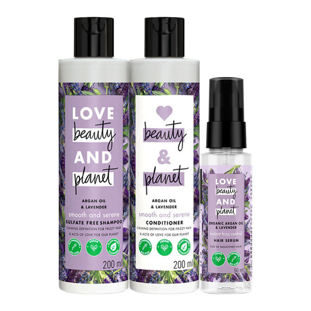 Love Beauty And Planet Argan Oil And Lavender Anti Frizz Shampoo Conditioner & Hair Serum Combo | Grocsy