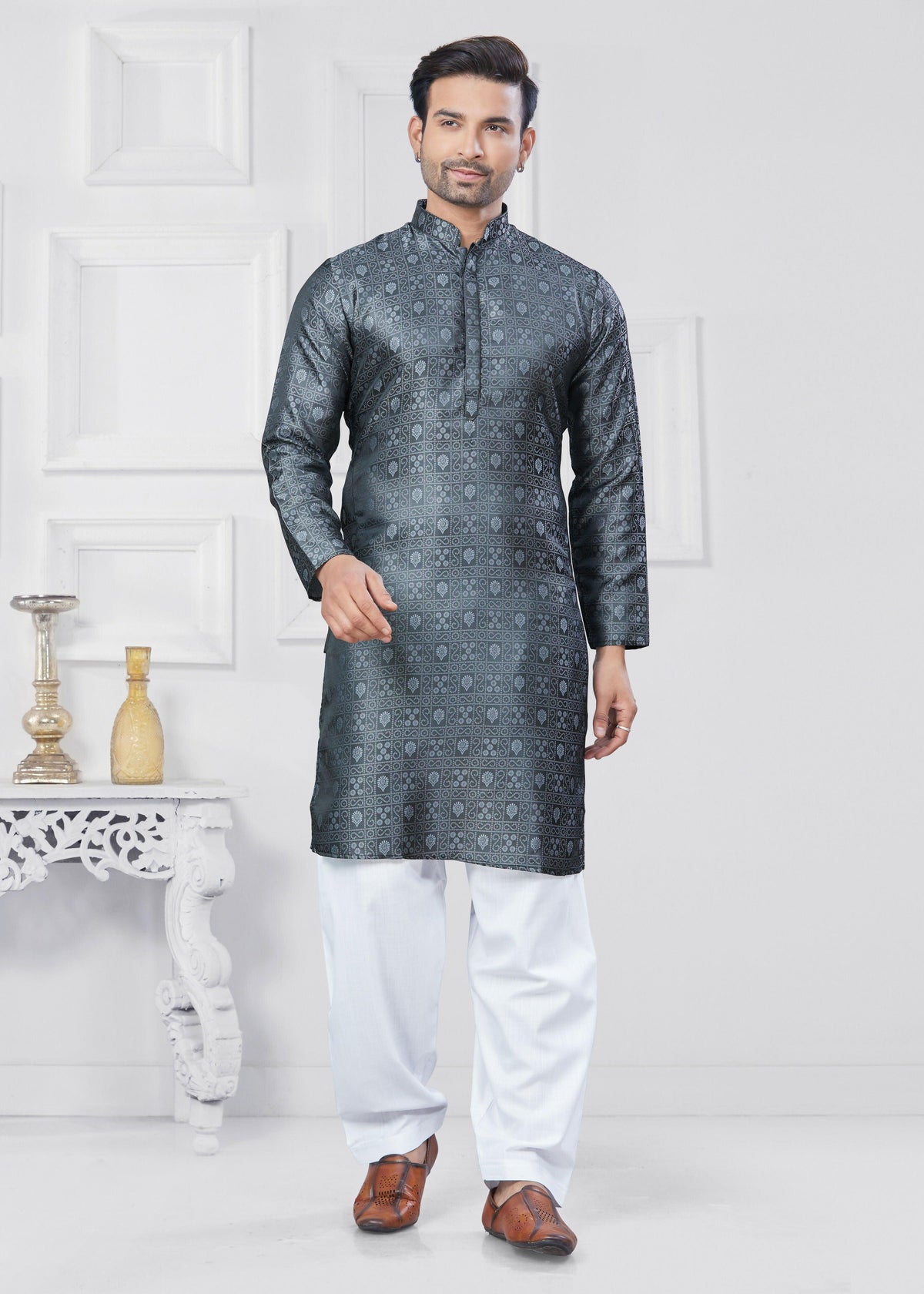 Joban Fashion Men's Jacquard Silk Grey Printed Kurta Pyjama set | Grocsy