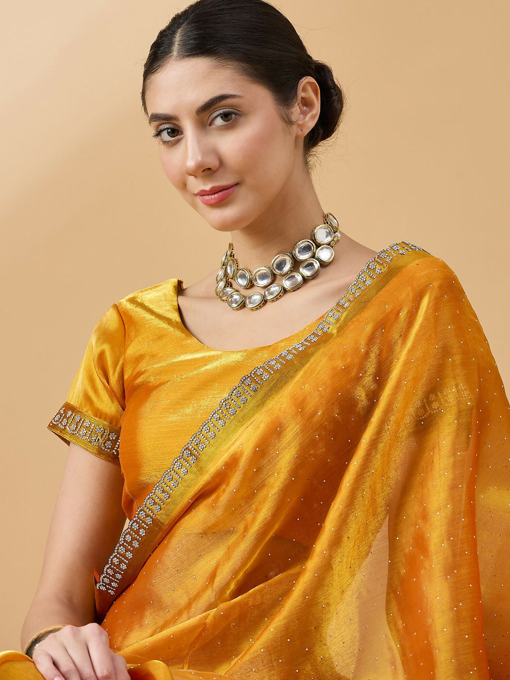 Mustard Organza Swaroski Diamond Work Saree with Unstitched Blouse - Radha | Grocsy