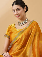 Mustard Organza Swaroski Diamond Work Saree with Unstitched Blouse - Radha | Grocsy