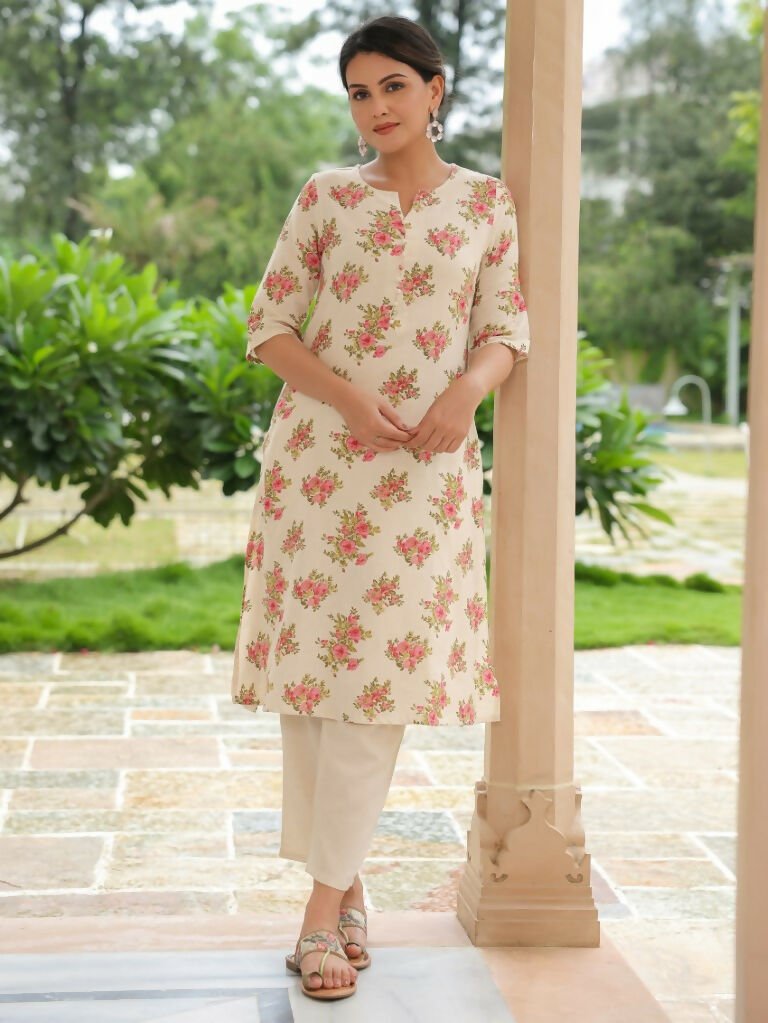Aramya A-line Linen Cotton Floral Print Women's Kurta - Pink | Grocsy