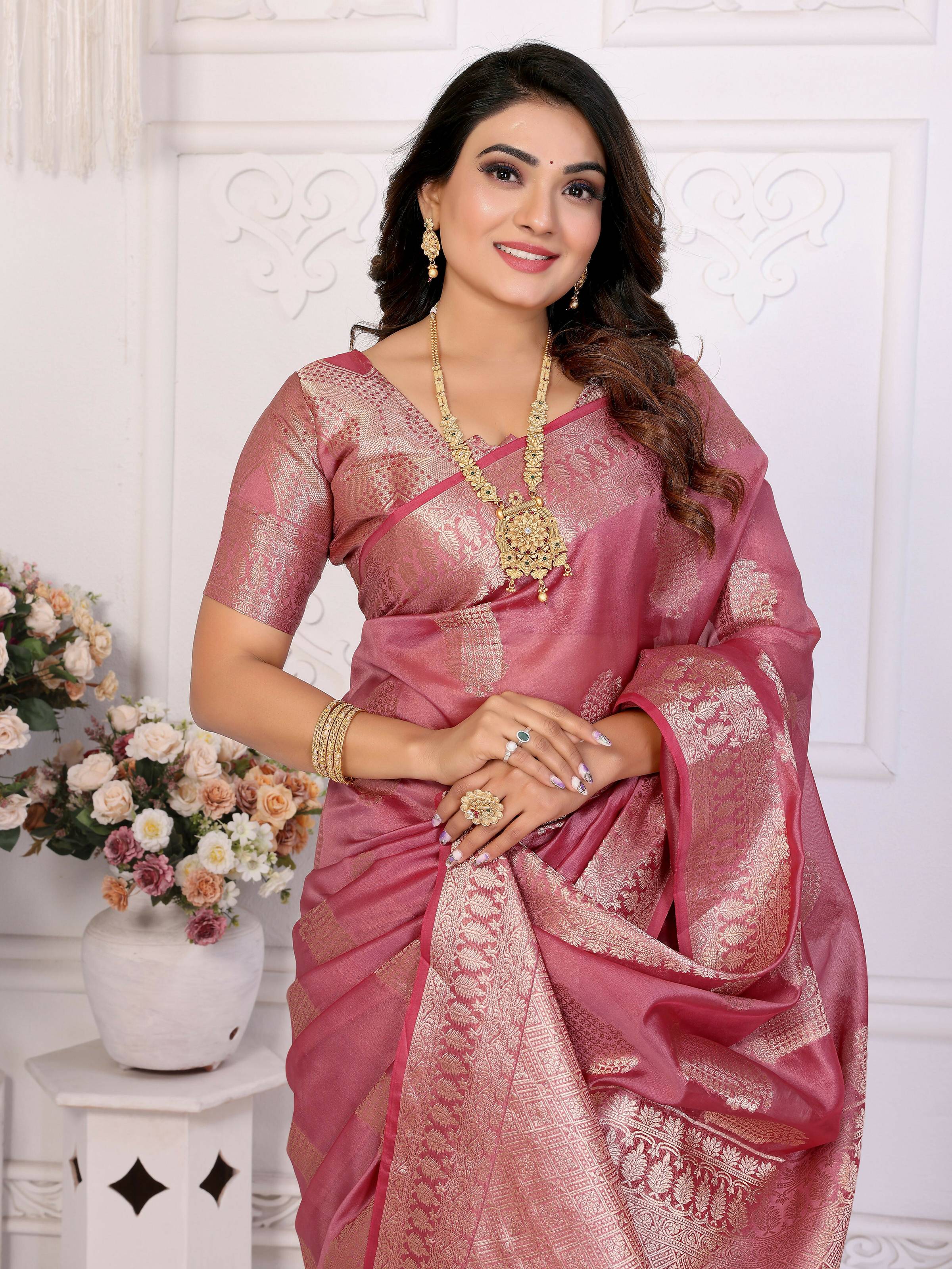 Aastha Fashion Dusty Rose Soft Organza Silk Weaving Saree | Grocsy