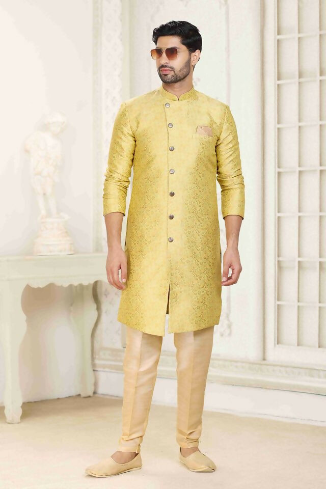 Raivat Ethnic Banarasi Jacquard Embroidery Semi Indo Western Sherwani In Cream Gold Colour | Grocsy