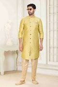 Raivat Ethnic Banarasi Jacquard Embroidery Semi Indo Western Sherwani In Cream Gold Colour | Grocsy
