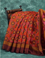 Orange And Henna Brown Colour With Geometrical Print Semi Chanderi Saree. By Gayathri Reddy Designer Studio | Grocsy