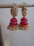 Pink & Orange Pearl Silk Threaded Jumka Set | Grocsy
