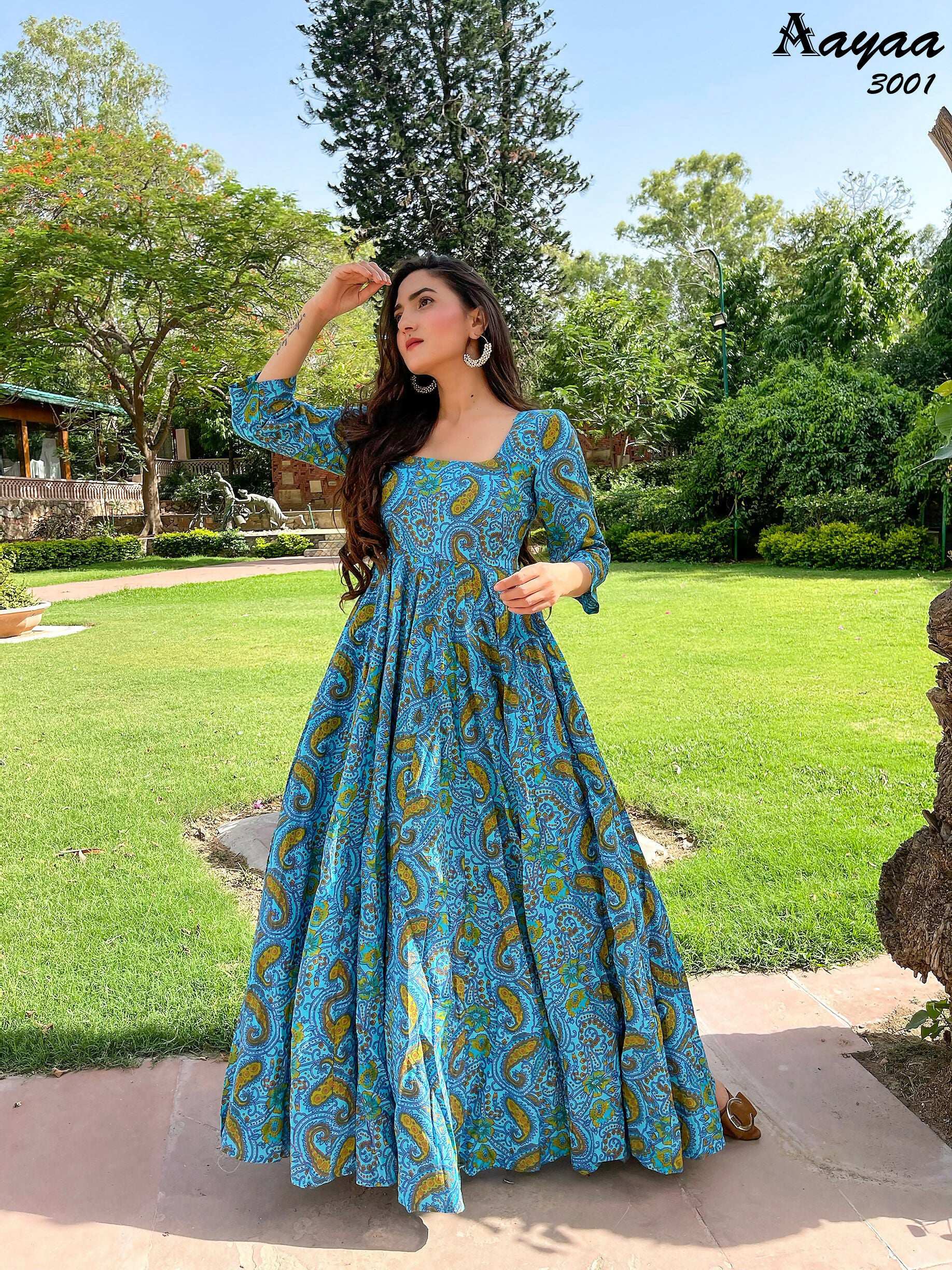 Aayaa Pure Ab Cotton Gown With Heavy Digital Print - Multi Color | Grocsy