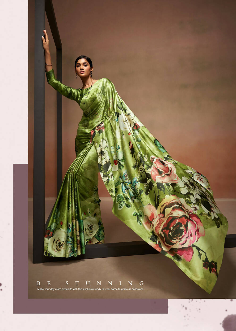Green Satin Digital Printed Saree with Unstitched Blouse Piece - Jodha | Grocsy