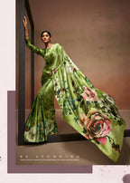 Green Satin Digital Printed Saree with Unstitched Blouse Piece - Jodha | Grocsy