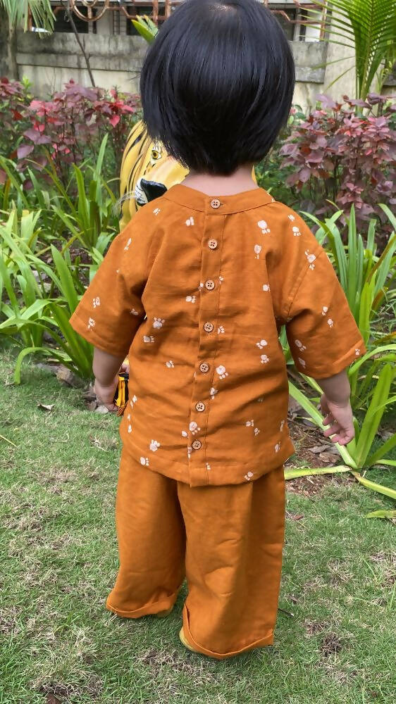 Mhyssa Oscar Half Sleeve Orange and Yellow T-shirt With Full Length Pant Set For Kids | Grocsy