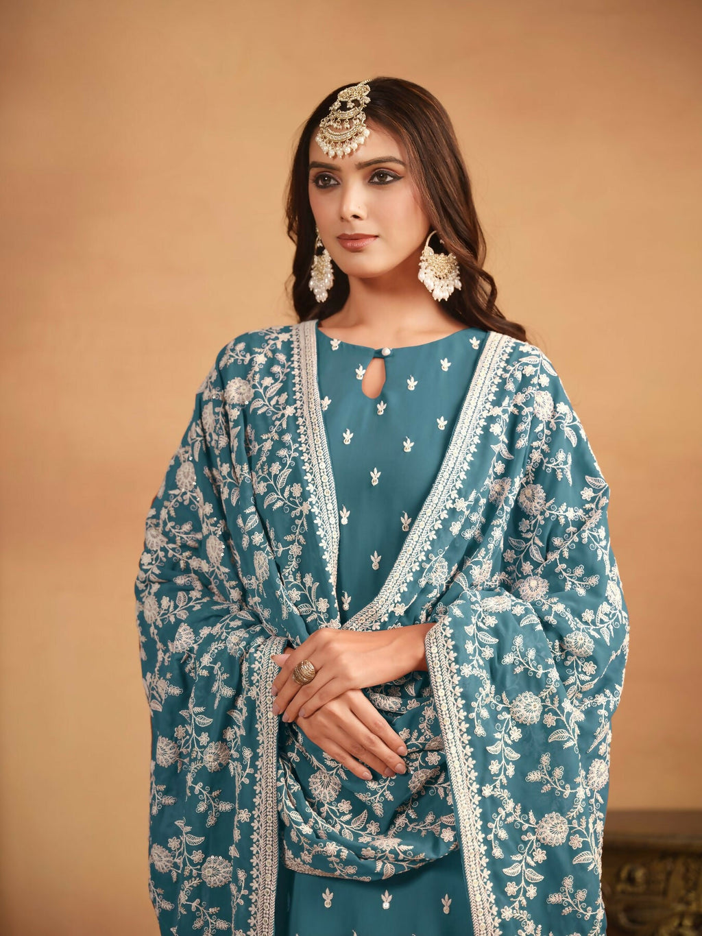 Anaita Teal Embroidered Faux Georgette Salwar Suit | Grocsy