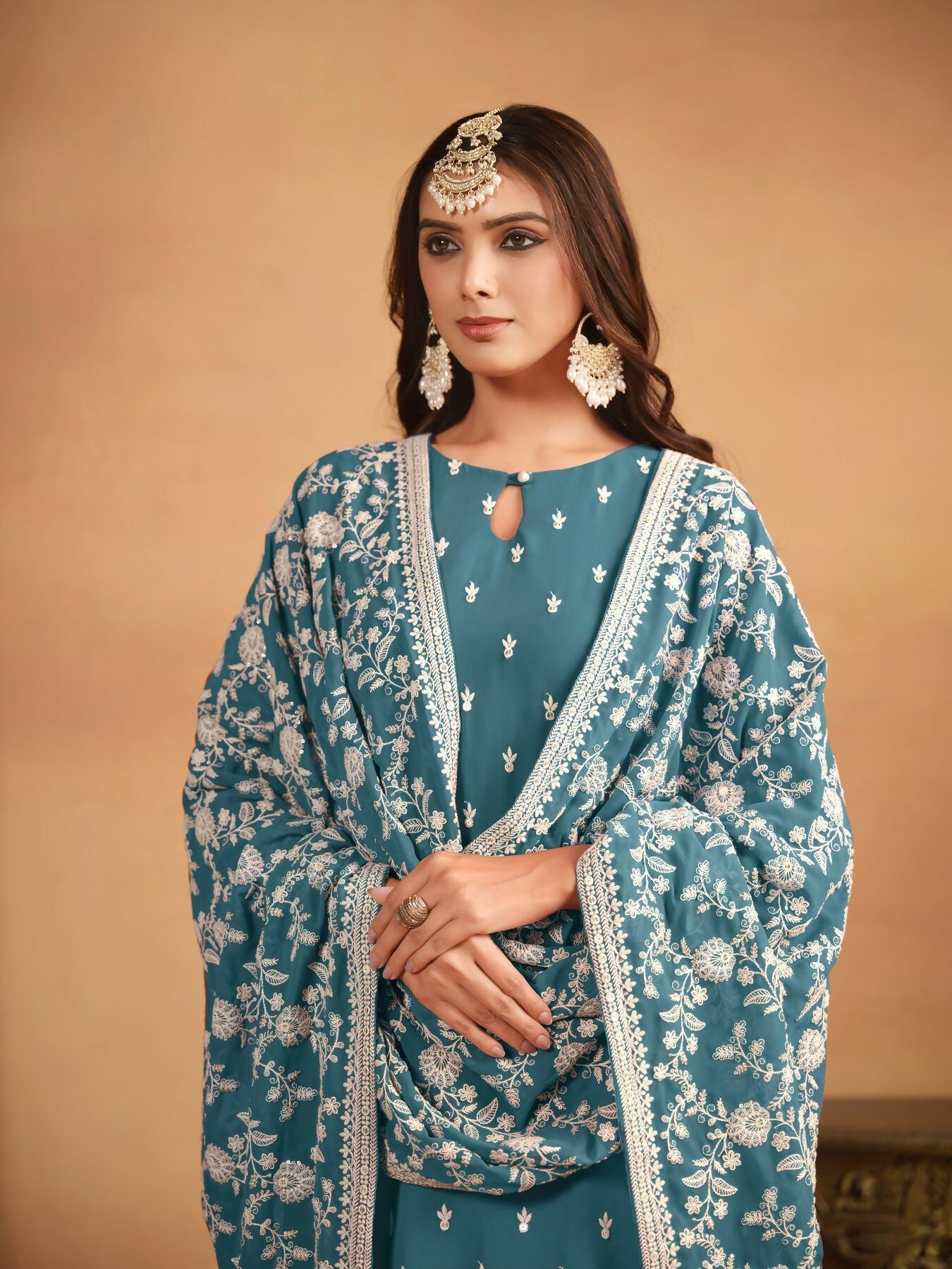 Anaita Teal Embroidered Faux Georgette Salwar Suit | Grocsy