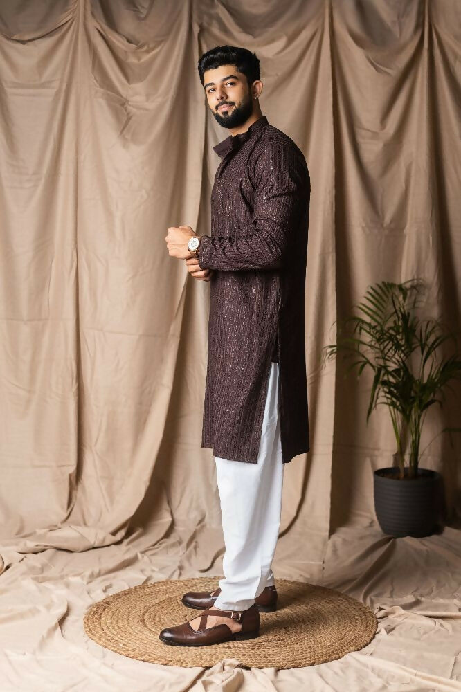 Dark Brown Rayon Thread Embroidery Work Kurta Set - Mahotsav | Grocsy