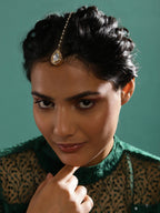 Gold-Polished White Kundan-Studded Pearl Beaded Maang Tikka - Ruby Raang | Grocsy