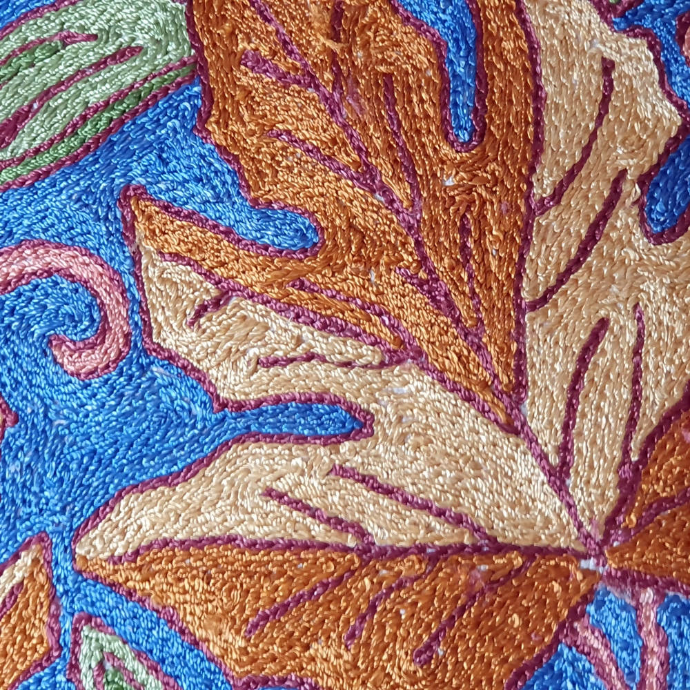 The Decor Nook Hand Embroidered Crewel Cushion Covers in Mustard & Off White Chinar Leaf Motif with Navy Blue Base | Grocsy