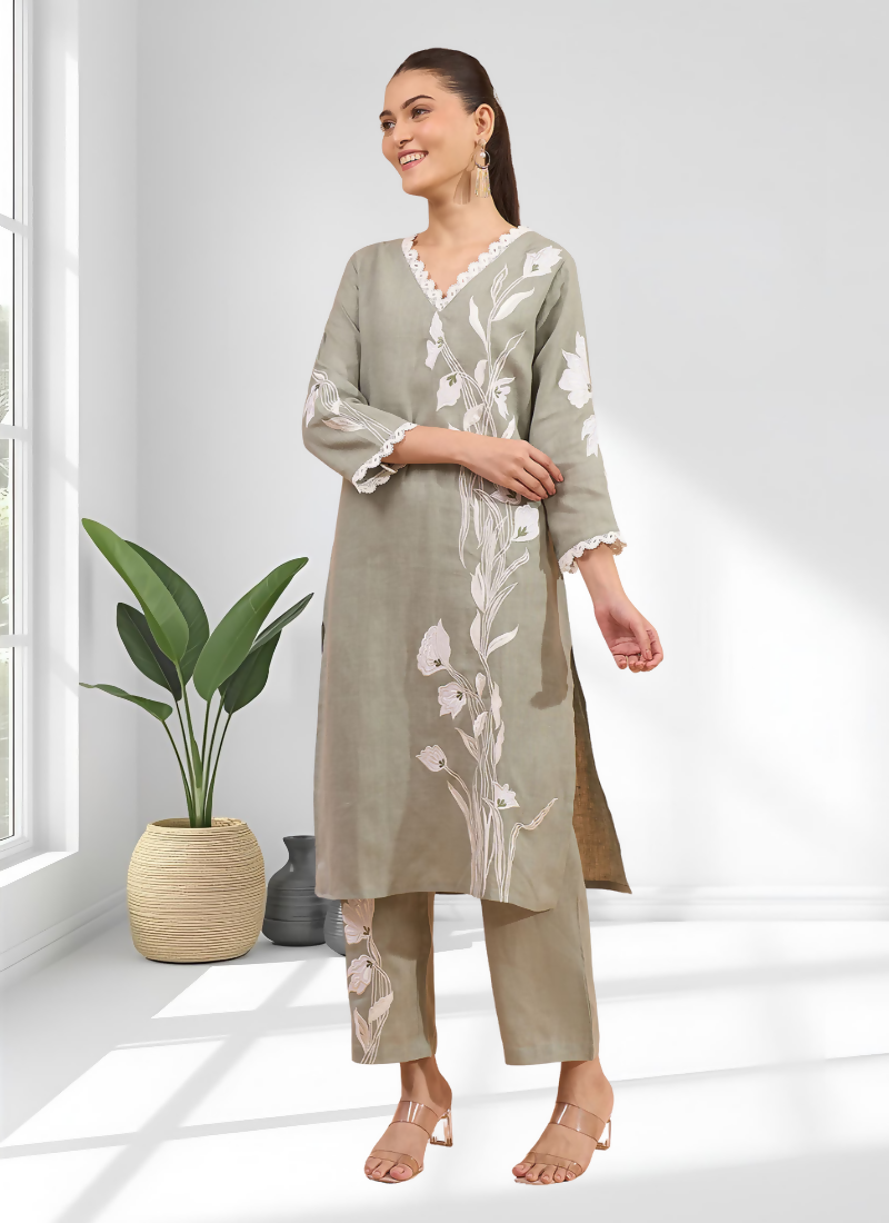 Joban Fashion Gray Linen Embroidered Readymade Long Kurta With Pant | Grocsy