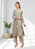 Joban Fashion Gray Linen Embroidered Readymade Long Kurta With Pant | Grocsy