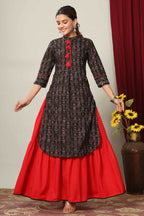 Miravan Women's Black Printed Pure Cotton Kurta With Skirt | Grocsy