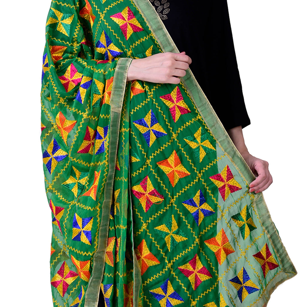 SWI Stylish Embroidered Phulkari Chiffon Green Dupatta | Grocsy