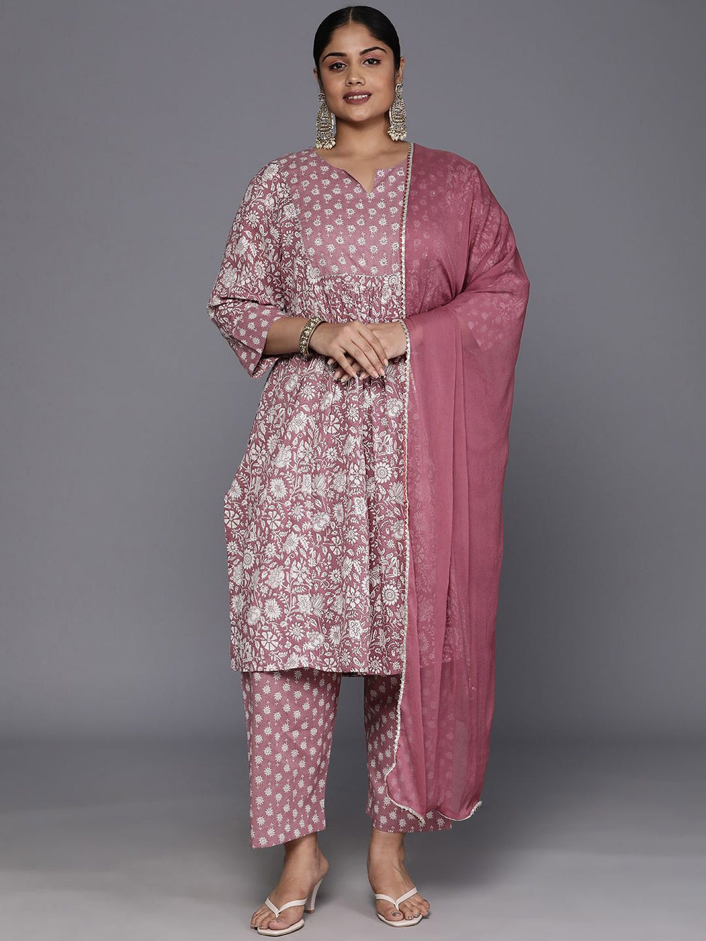 Sztori Plus Size Floral Printed Sequinned Pure Cotton A Line Kurta & Trousers With Dupatta | Grocsy
