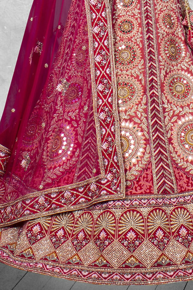 Red Velvet Pure Mirror Work Semi Stitched Lehenga Choli with Dupatta - Nimaya Lagnotsav | Grocsy
